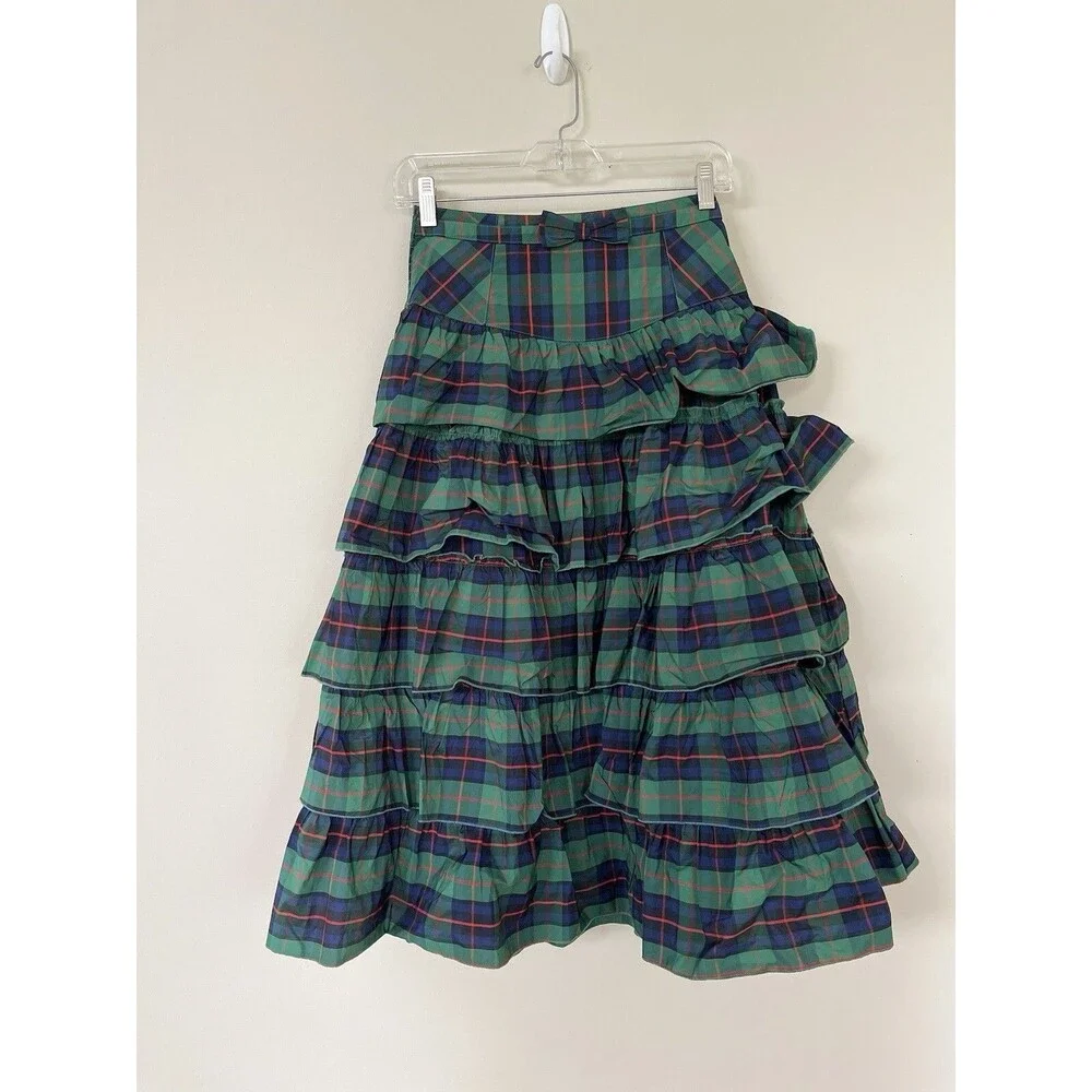 Urban Outfitters Midi Skirt Rainee Tiered Green Plaid Preppy Vacay Small New